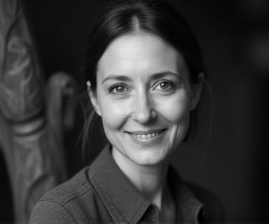 Ritratto professionale in bianco e nero di Marta Bianchi, intagliatrice artistica.