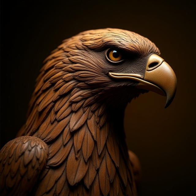 Primo piano di intaglio ligneo raffigurante un'aquila, dettaglio artistico, Airone Intaglio