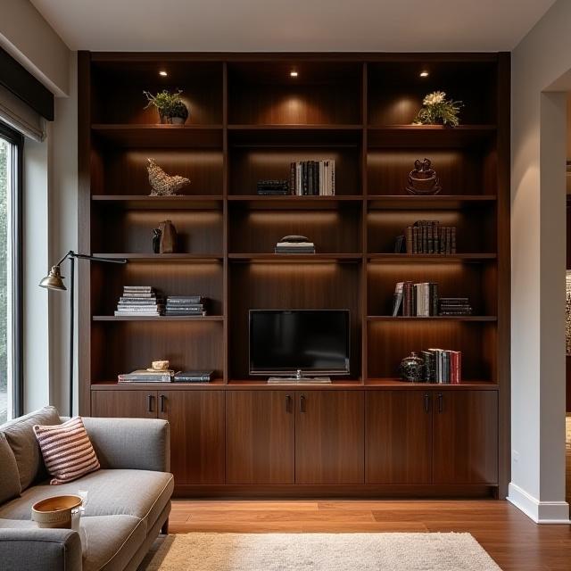 Libreria su misura in legno scuro, design contemporaneo, Airone Intaglio