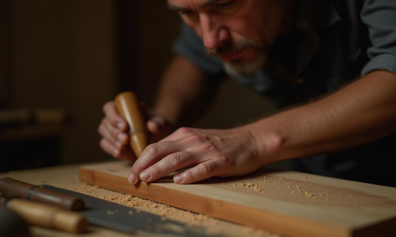 Artigiano meticoloso che lavora il legno con utensili tradizionali
