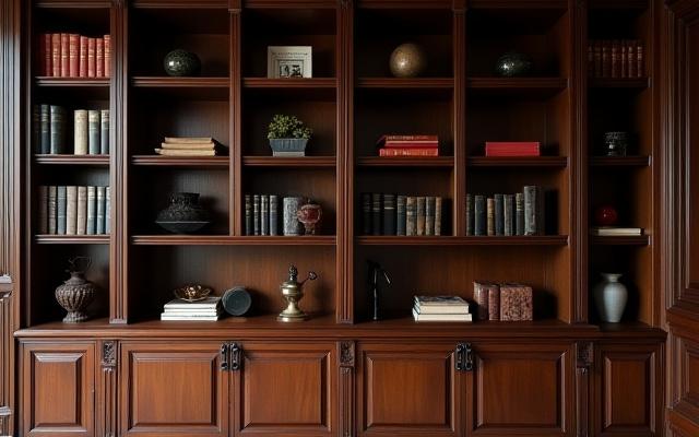 Libreria su misura con dettagli intagliati e finitura scura di lusso