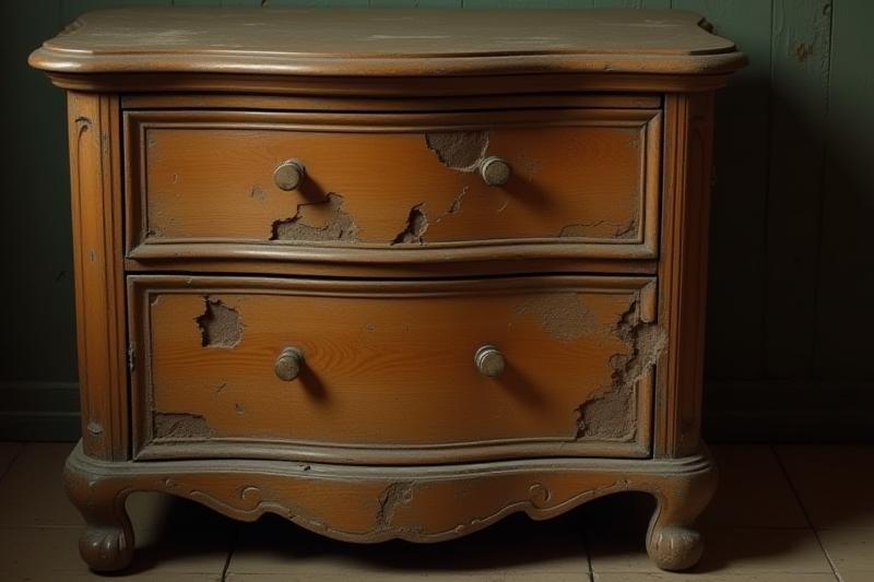 Comodino antico danneggiato prima del restauro